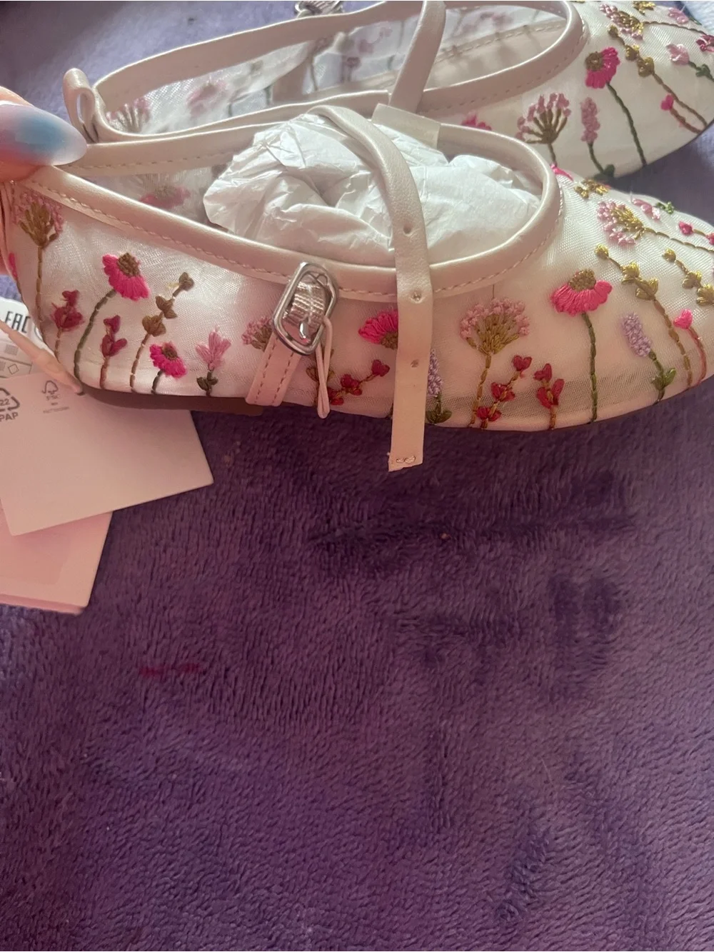 Zara White Floral Embroidered Mary Jane Flats with Pink & Green Accents